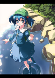 Rule 34 | 1girl, absurdres, backpack, bag, blue eyes, blue hair, female focus, hair bobbles, hair ornament, hat, highres, kawashiro nitori, key, letterboxed, matching hair/eyes, open mouth, pocket, randoseru, reflection, ripples, sawada yuusuke, short hair, smile, solo, standing, standing on liquid, tiptoes, touhou, twintails, two side up, water