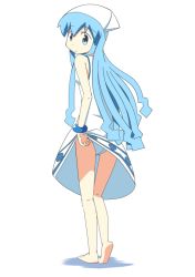 Rule 34 | 1girl, ass, bare legs, barefoot, blue eyes, blue hair, clothes lift, dress, dress lift, hat, ikamusume, kaka (kirby126), kneepits, long hair, looking at viewer, looking back, matching hair/eyes, panties, pantyshot, shinryaku! ikamusume, sleeveless, sleeveless dress, solo, squid hat, sundress, tentacle hair, underwear, very long hair
