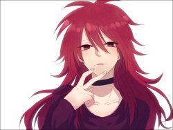 Rule 34 | 10s, 1boy, :p, cardfight!! vanguard, choker, hair between eyes, long hair, male focus, parted lips, qazrr, red eyes, red hair, solo, suzugamori ren, tongue, tongue out, white background