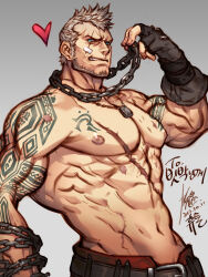 Rule 34 | 1boy, aaron huton (cyphers), abs, arm tattoo, artist request, bandaid, bandaid on cheek, bandaid on face, bara, beard, chain, chain necklace, clenched teeth, commentary request, cowboy shot, cyphers, facial hair, full beard, gift art, heart, jewelry, large pectorals, male focus, mature male, mohawk, muscular, muscular male, navel, necklace, necklace pull, nipples, pectorals, scar, scar across eye, second-party source, short hair, signature, solo, stomach, tattoo, teeth, topless male, v-taper