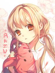Rule 34 | 10s, 1girl, blonde hair, brown eyes, character name, floral background, futaba anzu, holding stuffed toy, idolmaster, idolmaster cinderella girls, long hair, looking to the side, orange eyes, parted lips, rwael, shirt, sketch, solo, stuffed animal, stuffed rabbit, stuffed toy, t-shirt, twintails, upper body
