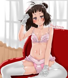 Rule 34 | 1girl, antenna hair, bra, brown eyes, brown hair, commentary request, couch, cowboy shot, curtains, dated, double bun, frilled bra, frilled panties, frills, gloves, hair bun, highres, kantai collection, looking at viewer, naka (kancolle), one-hour drawing challenge, panties, pink bra, pink panties, senzaki tomo hiro, short hair, smile, solo, thighhighs, twitter username, underwear, white gloves, white thighhighs, window