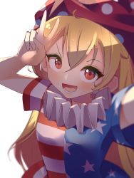 Rule 34 | 1girl, absurdres, american flag, american flag dress, blonde hair, clownpiece, dress, eyelashes, fairy, farrel kb, frilled shirt collar, frills, hat, highres, jester cap, long hair, looking at viewer, neck ruff, open mouth, polka dot, purple hat, red eyes, simple background, striped clothes, striped dress, touhou, upper body, v, very long hair, white background