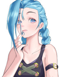 Rule 34 | 1girl, absurdres, arcane: league of legends, arcane jinx, asymmetrical bangs, bare shoulders, blue eyes, blue hair, blush, braid, breasts, closed mouth, gloves, hand up, highres, jinx (league of legends), league of legends, long hair, looking at viewer, playing with own hair, simple background, smile, solo, tattoo, twin braids, white background, yawww (yawwwart)