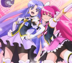 Rule 34 | 10s, 2girls, ^ ^, aino megumi, bow, brooch, closed eyes, cure fortune, cure lovely, gurasan (happinesscharge precure!), hair down, hand on another&#039;s shoulder, hands on own hips, happinesscharge precure!, haruyama kazunori, heart, heart brooch, hikawa iona, long hair, magical girl, multiple girls, no panties, open mouth, pink bow, pink hair, pink skirt, ponytail, precure, purple eyes, purple hair, purple skirt, skirt, smile, thighhighs, very long hair, wide ponytail