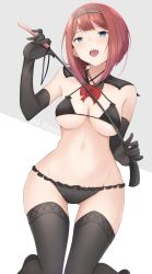 Rule 34 | 1girl, :d, alternate breast size, ark royal (kancolle), bad id, bad pixiv id, bikini, black bikini, black gloves, black thighhighs, blue eyes, blunt bangs, blush, breasts, character name, cleavage, doyachii, elbow gloves, flower, frilled bikini, frills, gloves, gluteal fold, groin, hairband, highres, holding, kantai collection, looking at viewer, medium breasts, navel, open mouth, red flower, red hair, red rose, riding crop, rose, short hair, skindentation, smile, solo, stomach, swimsuit, teeth, thighhighs, tongue, tongue out, two-handed, two-tone background, underboob, upper teeth only, wide hips