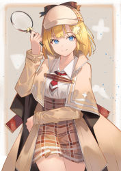 Rule 34 | 1girl, absurdres, arm across waist, blonde hair, blue eyes, brown capelet, brown coat, brown hat, brown skirt, capelet, closed mouth, coat, collared shirt, cowboy shot, deerstalker, hair ornament, hat, high-waist skirt, highres, holding, holding magnifying glass, hololive, hololive english, long sleeves, looking at viewer, magnifying glass, miniskirt, necktie, open clothes, open coat, plaid, plaid skirt, red necktie, shirt, short hair, skirt, smile, solo, taht (that is mm), virtual youtuber, watson amelia, watson amelia (1st costume), white shirt