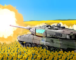 Rule 34 | blue sky, day, explosion, flower, leopard 2, matsuda juukou, military, military vehicle, motor vehicle, no humans, original, outdoors, russo-ukrainian war, sky, sunflower, tank