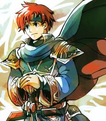 Rule 34 | 1boy, armor, blue eyes, cape, cosplay, durandal (fire emblem), eliwood (fire emblem), eliwood (fire emblem) (cosplay), fire emblem, fire emblem: the binding blade, fire emblem: the blazing blade, fire emblem heroes, headband, highres, holding, holding weapon, male focus, nintendo, official alternate costume, red hair, roy (fire emblem), short hair, solo, sword, weapon