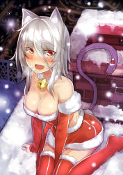 Rule 34 | 1girl, :d, animal ears, arm support, bell, blush, breasts, breath, cat ears, cat tail, chimney, christmas, cleavage, detached sleeves, fang, fur trim, hair between eyes, hat, hitoshi, large breasts, leaning forward, midriff, miniskirt, open mouth, original, red eyes, red thighhighs, santa hat, silver hair, sitting, skirt, smile, snake tail, snow, snowing, solo, tail, thighhighs, wariza