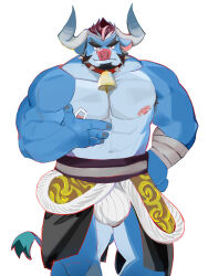Rule 34 | 1boy, abs, absurdres, animal ears, bad id, bad weibo id, bara, blue fur, bulge, come hither, cow ears, cow horns, feet out of frame, forked eyebrows, furry, furry male, grabbing own pectoral, highres, horns, huge eyebrows, large bulge, large pectorals, looking at viewer, male focus, male underwear, mature male, minotaur, mismatched nipple piercing, muscular, muscular male, navel, nipple piercing, nipple rings, nipples, original, pectorals, piercing, presenting pectorals, seductive smile, short hair, smile, solo, stomach, strongman waist, underwear, veins, veiny arms, white male underwear, zhoye (nakanoaaww)