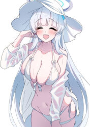 Rule 34 | 1girl, absurdres, bikini, blue archive, blush, breasts, cleavage, closed eyes, collarbone, cowboy shot, facing viewer, grey hair, groin, halo, hat, highres, jacket, large breasts, long hair, mechanical halo, nano (blueoekaki), navel, noa (blue archive), open clothes, open jacket, open mouth, simple background, smile, solo, swimsuit, thigh strap, wet, wet clothes, wet jacket, white background, white bikini, white hat, white jacket