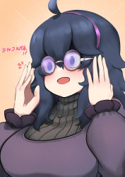 Rule 34 | 1girl, :d, @ @, absurdres, ahoge, alternate breast size, bespectacled, black hair, breasts, commentary request, creatures (company), game freak, glasses, hair between eyes, hairband, hex maniac (pokemon), highres, john (a2556349), large breasts, long sleeves, looking away, nintendo, open mouth, pokemon, pokemon xy, puffy long sleeves, puffy sleeves, purple eyes, purple hairband, ribbed sweater, round eyewear, simple background, smile, solo, sweater, turtleneck, turtleneck sweater, upper body