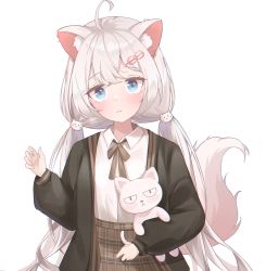 Rule 34 | 1girl, ahoge, animal ear fluff, animal ears, bad id, bad pixiv id, black bow, black jacket, blue eyes, blush, bow, brown skirt, cat hair ornament, closed mouth, collared shirt, commentary request, dress shirt, hair ornament, hand up, heart, heart in eye, jacket, kimi (jxrm5387), long hair, long sleeves, looking at viewer, low twintails, hugging object, open clothes, open jacket, original, plaid, plaid skirt, puffy long sleeves, puffy sleeves, shirt, silver hair, simple background, skirt, solo, stuffed animal, stuffed cat, stuffed toy, symbol in eye, tail, tail raised, twintails, very long hair, white background, white shirt