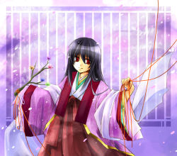 Rule 34 | 1girl, alternate costume, asahina, black hair, bow, branch, cherry blossoms, female focus, flower, holding, houraisan kaguya, japanese clothes, kimono, long hair, long skirt, long sleeves, looking at viewer, miko, petals, plant, purple hair, red eyes, red skirt, ribbon, skirt, smile, solo, string, string of fate, touhou, upper body, very long hair, wide sleeves