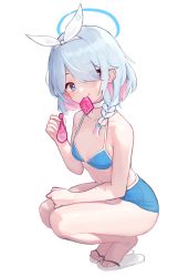 Rule 34 | 1girl, arona (blue archive), bikini, bikini top only, blue archive, blue bikini, blue eyes, blush, braid, breasts, choker, condom, condom in mouth, condom wrapper, full body, grey hair, hair over one eye, hairband, highres, holding, holding condom, karon, looking at viewer, mouth hold, sandals, short hair, simple background, small breasts, smile, solo, squatting, swimsuit, used condom, white background
