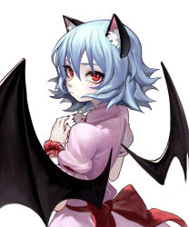 Rule 34 | 1girl, animal ears, bat wings, black wings, blue hair, cat ears, fkey, highres, kemonomimi mode, looking at viewer, nail polish, pink shirt, pink skirt, puffy short sleeves, puffy sleeves, red eyes, red ribbon, remilia scarlet, ribbon, sash, shirt, short hair, short sleeves, skirt, smile, solo, touhou, upper body, white background, wings, wrist cuffs