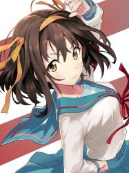 Rule 34 | 1girl, arm up, blue sailor collar, blue skirt, blush, breasts, brown background, brown eyes, brown hair, closed mouth, collarbone, commentary request, from side, hair between eyes, hair ribbon, hand on own hip, highres, index finger raised, long sleeves, looking at viewer, looking to the side, medium breasts, neck ribbon, orange ribbon, pleated skirt, rassie s, red ribbon, ribbon, sailor collar, school uniform, serafuku, shirt, skirt, smile, solo, suzumiya haruhi, suzumiya haruhi no yuuutsu, two-tone background, v-shaped eyebrows, white background, white shirt