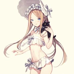 Rule 34 | 1girl, abigail williams (fate), abigail williams (swimsuit foreigner) (fate), abigail williams (swimsuit foreigner) (third ascension) (fate), bare shoulders, bikini, blonde hair, blue eyes, bonnet, bow, cat, fate/grand order, fate (series), female focus, forehead, highres, koshika rina, long hair, looking at viewer, navel, parted bangs, sidelocks, simple background, smile, solo, swimsuit, twintails, very long hair, white bikini, white bow, white headwear