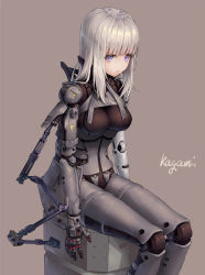 Rule 34 | 1girl, absurdres, arms at sides, artist name, bad id, bad pixiv id, blame!, blush, cibo, closed mouth, cyborg, feet out of frame, frown, grey background, grey hair, highres, joints, lipstick, long hair, looking away, looking down, makeup, mechanical arms, pink lips, purple eyes, robot joints, simple background, single mechanical arm, sitting, solo, xi zhujia de rbq