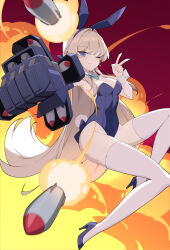 Rule 34 | 1girl, animal ears, aqua bow, aqua bowtie, blonde hair, blue archive, blue footwear, blue leotard, bow, bowtie, closed mouth, detached collar, explosive, fake animal ears, fake tail, firing, high heels, highres, leotard, long hair, looking at viewer, mechanical arms, missile, one eye closed, playboy bunny, rabbit ears, rabbit tail, rx7649, single mechanical arm, solo, strapless, strapless leotard, tail, thighhighs, toki (blue archive), toki (bunny) (blue archive), v, weapon, white thighhighs