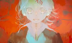 Rule 34 | 13, 1boy, absurdres, birthday, hair ornament, hairclip, highres, ishida sui, looking at viewer, male focus, official art, pale skin, red background, roman numeral, short hair, simple background, stitches, suzuya juuzou, tokyo ghoul, white eyes, white hair
