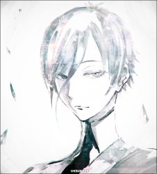 Rule 34 | androgynous, antarcticite, black border, border, closed mouth, collared shirt, gender request, greyscale, hair between eyes, houseki no kuni, k-suwabe, looking at viewer, monochrome, necktie, shirt, short hair, solo, twitter username, wing collar