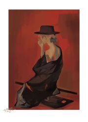 Rule 34 | 1boy, bare back, bare shoulders, black hat, black kimono, border, chinese commentary, commentary request, cropped legs, dated, from side, grey pants, hair over eyes, hand on own face, hat, highres, japanese clothes, kimono, long sleeves, male focus, orange hair, original, pants, partially undressed, puffy pants, red background, sanshui guantang, shadow, sheath, sheathed, short hair, short kimono, shoulder tattoo, signature, simple background, sleeves past fingers, sleeves past wrists, solo, sword, tattoo, weapon, white border, wide sleeves