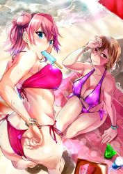 Rule 34 | 2girls, ass, beach, bikini, blue eyes, blush, bow, breasts, butt crack, cleavage, collarbone, food, hair bow, highres, ice cream, large breasts, looking at viewer, mother and daughter, multiple girls, ocean, orange eyes, orange hair, pink hair, sexually suggestive, shisui ao, short hair, smile, summer, sweat, swimsuit, yahari ore no seishun lovecome wa machigatteiru., yuigahama yui, yuigahama yui&#039;s mother