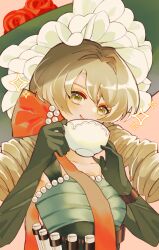 Rule 34 | 1girl, blonde hair, bow, chin strap, closed mouth, cup, dress, drill hair, elbow gloves, flower, gloves, green dress, green eyes, green hat, grey gloves, hands up, hat, hat flower, highres, holding, holding cup, long hair, looking at viewer, low twintails, orange bow, pink background, red flower, red rose, reverse:1999, rose, sleeveless, sleeveless dress, smile, solo, sotheby, sparkle, sun hat, teacup, twin drills, twintails, upper body, yutsuki (gi5eg3)
