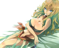 Rule 34 | 1girl, bad id, bad pixiv id, bandeau, bare shoulders, blonde hair, blue eyes, breast hold, breasts, cleavage, large breasts, maromi (am97), midriff, mouth hold, oriana thomason, sarong, skirt, smile, solo, toaru majutsu no index