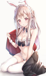 Rule 34 | 1girl, animal ears, bare shoulders, bikini, black bow, black jacket, bow, breasts, cleavage, collarbone, cuna (qunya), detached collar, extra ears, frilled bikini, frills, halterneck, highres, holding, jacket, jacket on shoulders, long hair, looking at viewer, maid, maid bikini, maid headdress, medium breasts, navel, one side up, original, parted lips, rabbit ears, red eyes, revision, shadow, sidelocks, silver hair, simple background, sitting, solo, stomach, swimsuit, thighhighs, unconventional maid, white background, white thighhighs, wrist cuffs, yokozuwari