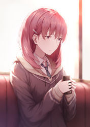 Rule 34 | 1girl, blue necktie, can, coat, hair ornament, hairclip, highres, holding, holding can, hood, hood down, indoors, just because!, long sleeves, lzl j, medium hair, natsume mio, necktie, purple eyes, red hair, school uniform, sitting, solo