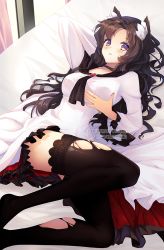 Rule 34 | 1girl, animal ear fluff, animal ears, arm up, artist name, bed, black hair, black skirt, black thighhighs, blush, breasts, brooch, commentary, commission, dress, english commentary, eyelashes, from above, full body, grabbing own breast, imaizumi kagerou, indoors, jewelry, kana yukino, lips, long hair, long sleeves, looking at viewer, lying, medium breasts, on back, parted bangs, parted lips, purple eyes, skirt, solo, thighhighs, thighs, torn clothes, torn thighhighs, touhou, twisted torso, watermark, wavy hair, web address, white dress, wolf ears, zettai ryouiki