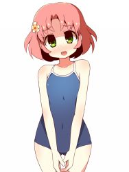 Rule 34 | 10s, 1girl, :d, aikatsu!, aikatsu! (series), blush, competition school swimsuit, covered navel, flat chest, flower, green eyes, hair flower, hair ornament, kitaoji sakura, looking at viewer, nanateru, one-piece swimsuit, open mouth, school swimsuit, short hair, simple background, smile, solo, swimsuit, v arms, white background