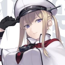 Rule 34 | 10s, 1girl, anchor necklace, arm up, black gloves, blonde hair, breasts, close-up, closed mouth, gloves, graf zeppelin (kancolle), hand on headwear, hat, headgear, jacket, jewelry, kantai collection, large breasts, long hair, looking at viewer, necklace, necktie, purple eyes, red necktie, rokuwata tomoe, smile, solo, two side up, white background, white jacket