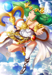 Rule 34 | 1girl, absurdres, ancient greek clothes, armlet, bare shoulders, belt, blush, breasts, chiton, dress, forehead jewel, gold, green eyes, green hair, high heels, highres, jewelry, kellzallday, kid icarus, kid icarus uprising, large breasts, laurel crown, long hair, multiple belts, nintendo, palutena, parted bangs, pendant, side slit, single thighhigh, solo, strapless, strapless dress, thighhighs, vambraces, very long hair, white dress