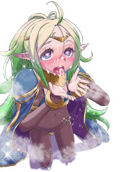 Rule 34 | 1girl, blue eyes, blush, bodystocking, bodysuit, breasts, circlet, cum, dark mage (fire emblem awakening), facial, fire emblem, fire emblem awakening, green eyes, heart, heart-shaped pupils, jewelry, long hair, navel, nintendo, nipples, nowi (fire emblem), open mouth, pointy ears, small breasts, symbol-shaped pupils, tears