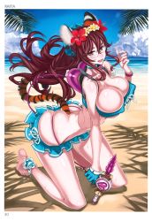 Rule 34 | 1girl, absurdres, animal ears, ass, bandeau, barefoot, beach, bikini, blue bikini, blue gloves, breasts, brown hair, cat ears, cat girl, cat tail, choker, cleavage, cloud, collarbone, day, covered erect nipples, female focus, flower, frilled bikini, frills, full body, glasses, gloves, hair flower, hair ornament, heart, hibiscus, highres, honjou raita, kneeling, large breasts, long hair, ocean, open mouth, outdoors, page number, red eyes, red hair, scan, single glove, skindentation, sky, solo, swimsuit, tail, thong, tiger ears, tiger tail, water, wet