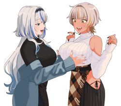 Rule 34 | 2girls, artist request, black nails, black skirt, black sweater, blonde hair, blue coat, blue eyes, blue hair, breasts, brown eyes, clothing cutout, coat, crossed bangs, earrings, grabbing, grabbing another&#039;s breast, grey hair, hair ornament, highres, hip vent, hoop earrings, jewelry, korean commentary, large breasts, long hair, luvdia, multicolored hair, multiple girls, off shoulder, open mouth, park dona, ring, second-party source, shoulder cutout, skirt, streaked hair, sweatdrop, sweater, tan, turtleneck, turtleneck sweater, vlyz, white sweater, yun eze, yuri