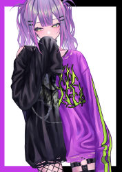 Rule 34 | 1girl, absurdres, black legwear, black sweater, blush, border, collar, collarbone, demon girl, ear piercing, fishnet legwear, fishnets, garter straps, green eyes, hair ornament, hairclip, hand on own face, highres, hololive, kmgrru, light purple hair, looking to the side, medium hair, multicolored hair, oversized clothes, piercing, purple hair, purple sweater, simple background, sleeves past wrists, slit pupils, solo, striped clothes, striped sweater, sweater, tokoyami towa, torn clothes, twintails, virtual youtuber, white background