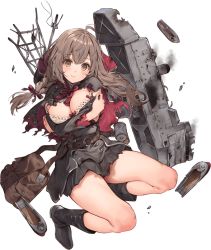 Rule 34 | 1girl, bag, belt, belt buckle, black footwear, black skirt, boots, braid, breasts, brown belt, brown eyes, brown hair, buckle, hair ribbon, kantai collection, large breasts, long hair, long sleeves, machinery, multicolored clothes, official art, parsley-f, pleated skirt, red hood, red ribbon, ribbon, shinshuumaru (kantai collection), skirt, solo, torn clothes, transparent background, turret, twin braids