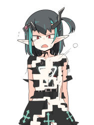 Rule 34 | 1girl, black hair, blue hair, blush, commentary request, cowboy shot, cursor, demon girl, demon horns, dissolving clothes, erased, fang, flat chest, highres, horns, looking down, medium hair, multicolored hair, nanashi inc., navel, nude, official alternate costume, open mouth, pointy ears, red eyes, shishio chris, shishio chris (3rd costume), side ponytail, simple background, solo, sugar lyric, tomatojam, two-tone hair, virtual youtuber, white background