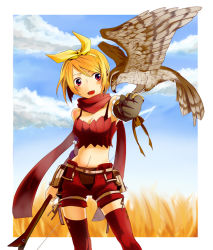 Rule 34 | 1girl, alternate color, belt, bird, blue sky, border, bow, bow (weapon), bra strap, breasts, brown belt, brown gloves, cleavage, cloud, commentary request, falcon, falconry, feet out of frame, gloves, hair bow, hairband, holding, holding bow (weapon), holding weapon, kiri nada, looking at animal, medium breasts, midriff, navel, open mouth, orange hair, outside border, pouch, ragnarok online, ranger (ragnarok online), red eyes, red scarf, red shorts, red thighhighs, red tube top, scarf, short hair, shorts, single glove, sky, smile, solo, strapless, thighhighs, tube top, weapon, wheat field, white border, yellow bow, yellow hairband