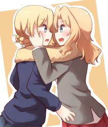 Rule 34 | 10s, 2girls, bad id, bad pixiv id, blazer, blonde hair, blouse, blue eyes, blue skirt, blue sweater, blush, braid, couple, darjeeling (girls und panzer), eye contact, from side, girls und panzer, grey jacket, hair intakes, hand on another&#039;s face, highres, jacket, kapatarou, kay (girls und panzer), long hair, long sleeves, looking at another, miniskirt, multiple girls, open clothes, open jacket, open mouth, pleated skirt, red skirt, saunders school uniform, scarf, school uniform, shared clothes, shared scarf, shirt, short hair, skirt, smile, st. gloriana&#039;s school uniform, standing, sweater, twin braids, upper body, white shirt, yellow background, yellow scarf, yuri