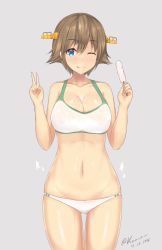 Rule 34 | 10s, 1girl, 2016, bare shoulders, bikini, blue eyes, breasts, cleavage, collarbone, cowboy shot, dated, flipped hair, groin, hair between eyes, hairband, headgear, hiei (kancolle), highres, kantai collection, kuavera, large breasts, navel, one eye closed, see-through, shiny skin, short hair, signature, simple background, solo, sports bikini, swimsuit, thighs, tongue, tongue out, v