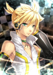 Rule 34 | 1boy, absurdres, black sleeves, blonde hair, checkered background, closed mouth, collar, collarbone, detached sleeves, frown, gabiran, green eyes, hair between eyes, hand in own hair, headphones, highres, jewelry, kagamine len, long sleeves, male focus, necklace, shirt, short hair, sleeveless, sleeveless shirt, solo, vocaloid, vocaloid append, white shirt