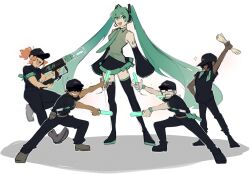 Rule 34 | 2girls, 3boys, absurdres, aqua eyes, aqua hair, aqua necktie, baseball cap, black baseball cap, black footwear, black skirt, black sleeves, boots, collared shirt, commentary, detached sleeves, english commentary, full body, glowstick, grey shirt, hat, hatsune miku, highres, long hair, long sleeves, looking at viewer, miniskirt, mouth hold, multiple boys, multiple girls, necktie, number tattoo, open mouth, penlight (glowstick), pleated skirt, shirt, shoulder tattoo, simple background, skirt, sleeveless, sleeveless shirt, smile, standing, swagamicchi, tattoo, thigh boots, twintails, very long hair, vocaloid, white background
