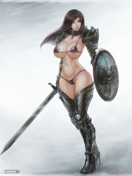Rule 34 | 1girl, areola slip, armor, armored boots, artist name, bikini, bikini armor, black hair, boots, breasts, brown eyes, chain, cleavage, collar, curvy, female knight, full body, gauntlets, greaves, high heel boots, high heels, highres, hip focus, holding, holding shield, holding sword, holding weapon, knight, large breasts, leg armor, long hair, looking to the side, micro bikini, navel, original, parted lips, pauldrons, shield, shoulder armor, solo, standing, stomach, swimsuit, sword, thighs, vempire, weapon, wide hips