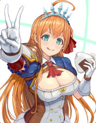 Rule 34 | 1girl, ahoge, aqua eyes, ascot, blush, breasts, buttons, cleavage, collared shirt, food, gloves, highres, holding, holding food, large breasts, licking lips, looking at viewer, onigiri, orange hair, pecorine (princess connect!), princess connect!, puffy sleeves, shirt, solo, tongue, tongue out, vayashi, victory pose, white background